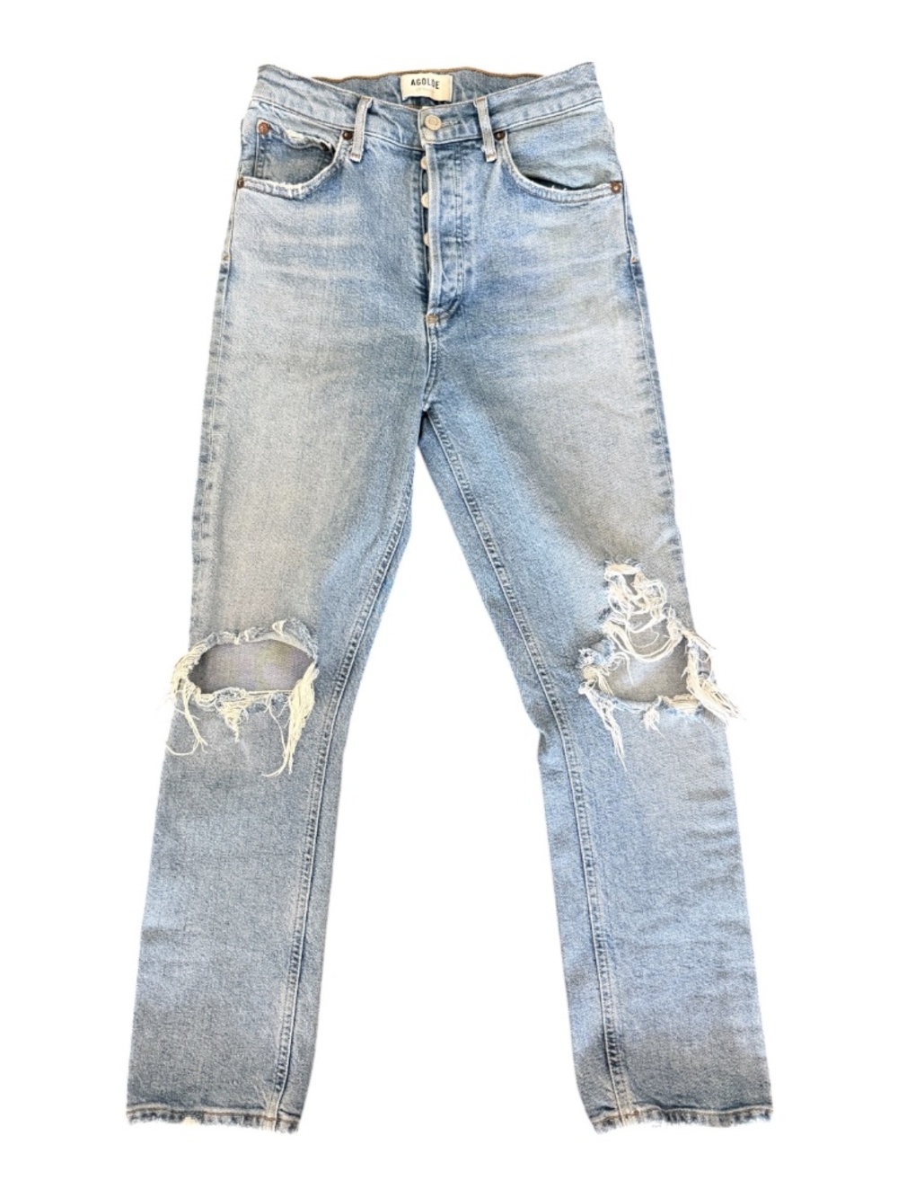 AGOLDE Riley High Rise Straight Leg Jeans Distressed Button Fly Light Wash 25